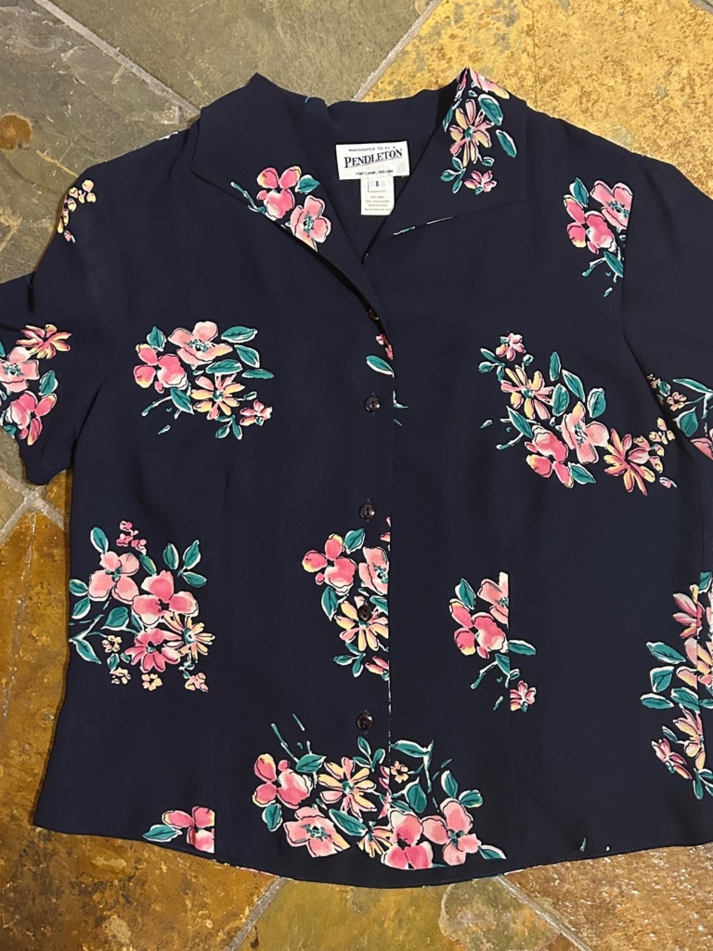 Pendleton Floral Button Front Blouse Size‎ 8 Navy Pink Short Sleeve Vintage